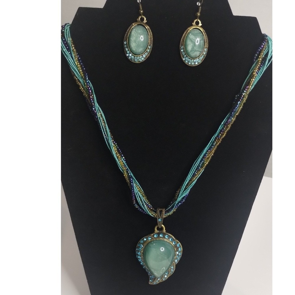 Teal Faux Moonstone Multi Strand Beaded Necklace and Dangle Earring Set‎ Bronze